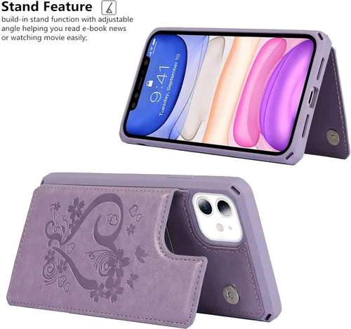 Vista 6 de iCoverCase Funda compatible con iPhone 11 con tarjetero para mujer, bloqueo RFID en relieve, piel sintética con correa de muñeca de 6.1 pulgadas