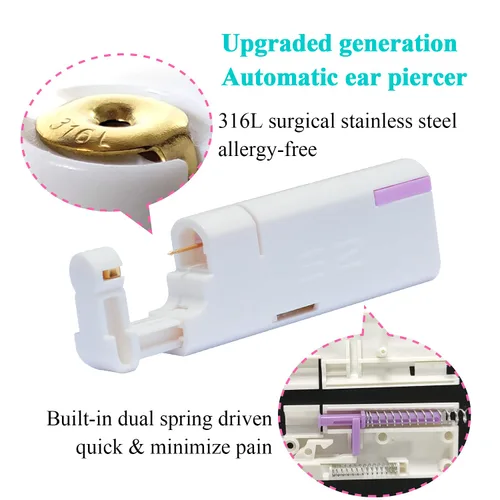 Vista 7 de Firstomato Juego de 2 piercings desechables para la oreja, pistola de perforación de oreja, kit de perforación de cartílago con aretes oro de 24