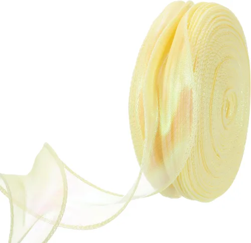 Vista 20 de MECCANIXITY Cinta de Organza Transparente con Alambre Brillante de 2 3/8" de Ancho, Cintas de Gasa Iridiscente Pastel de 3 Yardas Color Beige