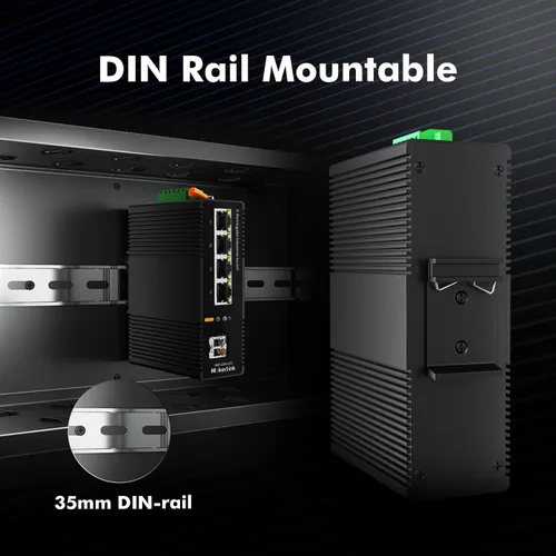 Vista 7 de MokerLink Conmutador de red industrial de riel DIN de 5 puertos, 4 Gigabit Ethernet, 1 SFP, capacidad de conmutación de 14 Gbps, clasificación IP40