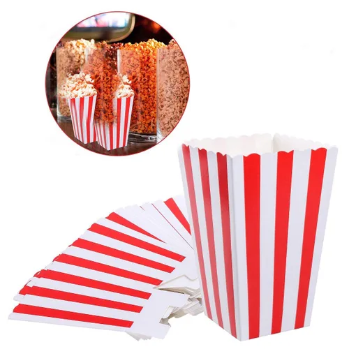 Cajas de palomitas de maíz, bolsas de papel para palomitas de maíz, color blanco y rojo a rayas, paquete de 24