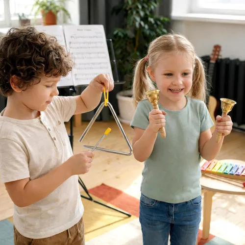 Vista 4 de Stoie's Instrumentos musicales de madera para niños pequeños con tambor, flauta, campanas de mano, platillos, castañuelas, triángulo, para bebés