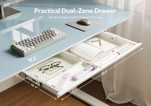 Vista 4 de INNOVAR Escritorio de pie de cristal con cajones, escritorio eléctrico de altura ajustable, pequeños escritorios de pie con almacenamiento, 40