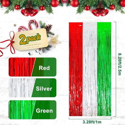 Vista 3 de Lansian 2 Pack Christmas Foil Fringe Curtains Party Decoration Tinsel Photo Backdrop, 3.2 x 8.2 ft Red Silver Green Photobooth Props Background for