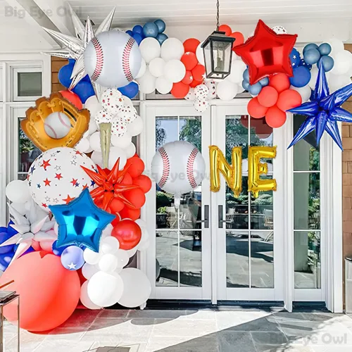Vista 5 de Novato del año 1er cumpleaños decoraciones de béisbol de papel de aluminio número 1 globos azules juego uno dorado primer cumpleaños suministros