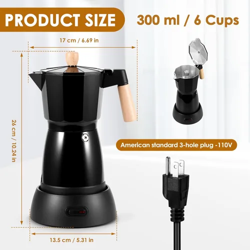 Vista 3 de Cafetera eléctrica de café expreso, cafetera de 6 tazas con base desmontable, portátil de aluminio italiano, moka moka eléctrica para el hogar