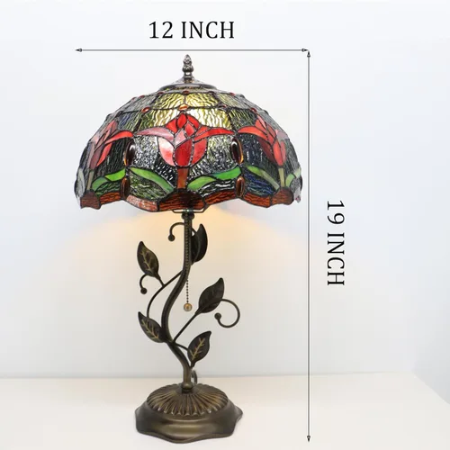 Vista 9 de Tiffany Lamp Red Tulip Style Stained Glass Table Lamp Desk Bedside Reading Light 12X12X19 Inches with Metal Leaf Base