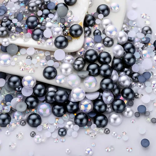 Vista 44 de 60g Perlas de Plata Gris y Diamantes de Imitación para Manualidades Tamaño Mixto 3mm-10mm Color AB Perlas Redondas Mitad Planas y Diamantes