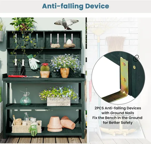 Vista 6 de Polibi - Mesa de banco para macetas con estantes de almacenamiento y gancho lateral, estación de trabajo grande de madera rústica para patio al aire