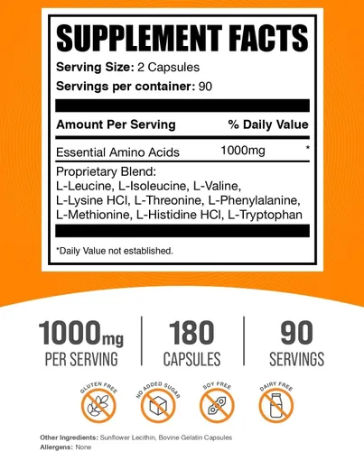 Vista 2 de BulkSupplements.com Cápsulas de Aminoácidos Esenciales (EAA) - Suplemento de Aminoácidos - EAAs Aminoácidos - Cápsulas EAA - Dosis de 1000 mg