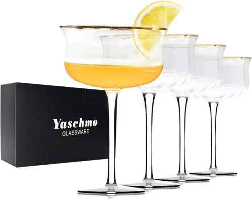 Coupe - Juego de 4 vasos de Martini Art Deco vintage de 10 onzas, copas de cóctel de cupé sopladas a mano, cristal sin plomo, borde dorado, copas de