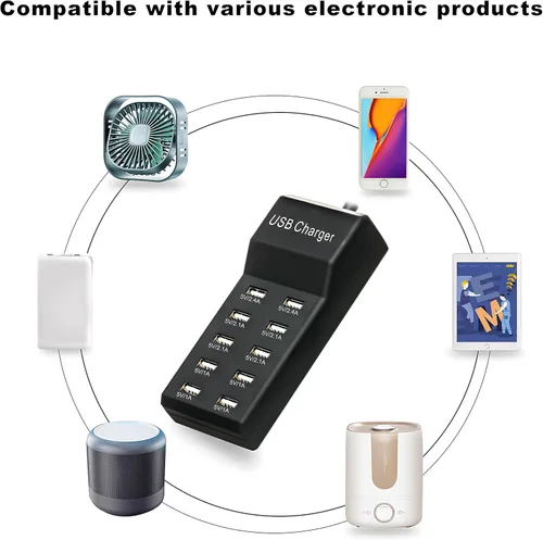 Vista 5 de Estación de carga USB de 50 W con 10 puertos USB inteligentes de tamaño familiar para múltiples dispositivos, teléfono inteligente, tableta