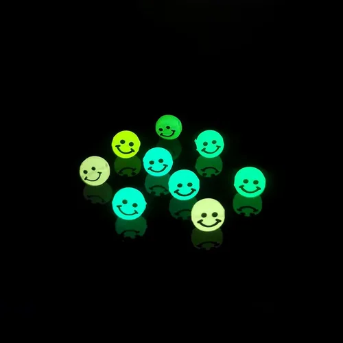 Vista 2 de 200 cuentas solares brillantes y luminosas de cara sonriente mixta de acrílico que brilla en la oscuridad, cuentas de cara feliz con cuerda