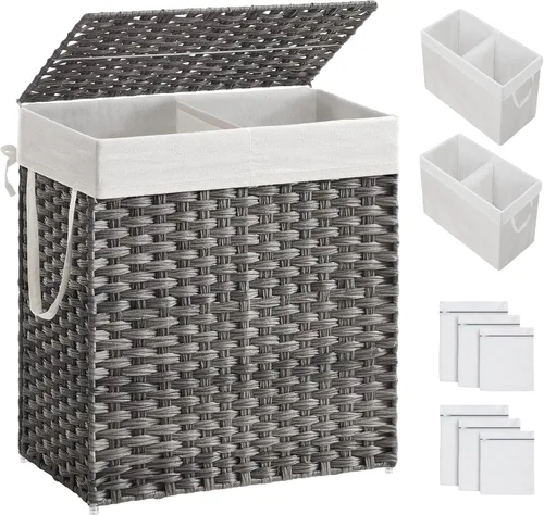 Vista 17 de SONGMICS Cesta de ropa sucia con tapa, cesta de ropa de 110L con 2 bolsas de forro extraíbles, 6 bolsas de malla, canasta de mimbre para ropa sucia