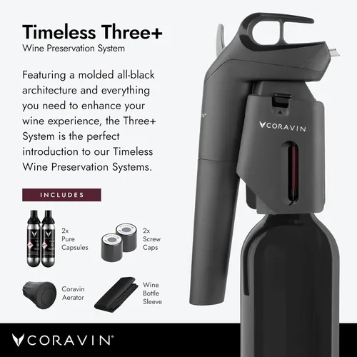 Vista 3 de Coravin Timeless Three Plus Sistema de preservación de vino Protector de vino Con 2 cápsulas de gas argón puro y aireador de vino Negro