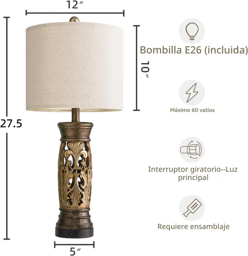 Vista 7 de BOBOMOMO Juego de 2 lámparas de mesa rústicas de granja de 27.25” – Lámparas de noche vintage con luz nocturna y puertos USB A+C, lámparas retro