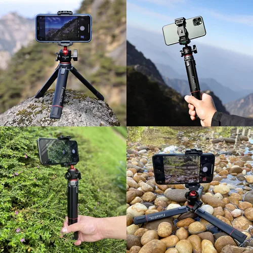 Vista 7 de Trípode de teléfono, soporte de trípode de cámara con zapato frío, mini trípode de viaje para iPhone, vlogging, transmisión en vivo