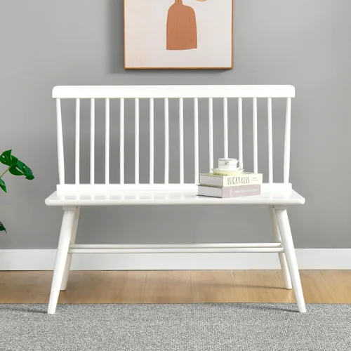 Vista 7 de DUHOME Banco de comedor de entrada con respaldo de husillo, banco Windsor de madera para vestíbulo, balcón, sala de estar, color blanco