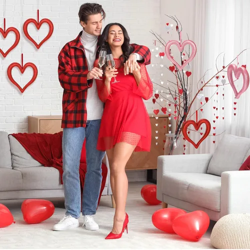 Vista 7 de Aneco 8 adornos colgantes de corazón para el día de San Valentín para árbol de 9.45 pulgadas, decoraciones 3D en forma de corazón, corona
