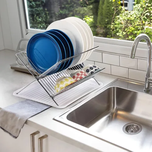 Vista 9 de Youeon Escurridor de platos plegable con bandeja de goteo, escurridor de platos de acero inoxidable de 2 niveles, escurridor de platos plegable