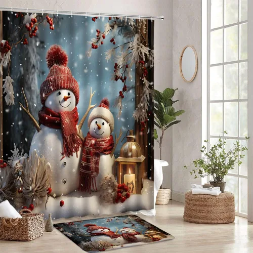 Merry Christmas 2 Pcs Bathroom Sets Winter Snowman Xmas Red Berry Pine Tree Forest Happy New Year Shower Curtain and Bath Mat Set