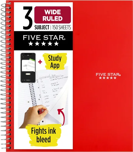 Vista 12 de Five Star, cuaderno en espiral, 3 materias, con papel rayado ancho, 150 hojas, 10-1/2 x 8 pulgadas, Amarillo