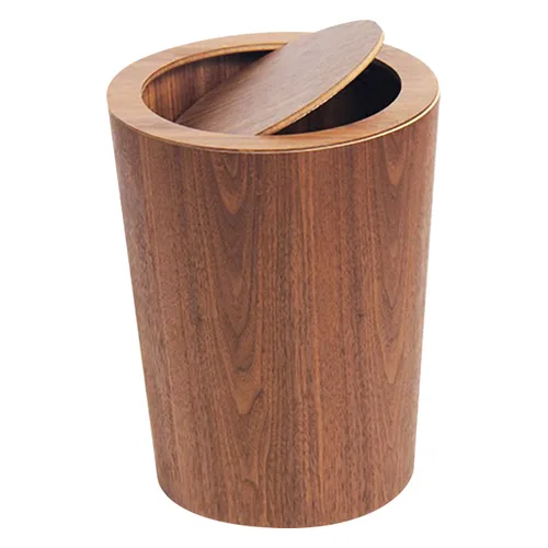 Vista 8 de Moderno bote de basura redondo con tapa, cesta de basura de madera real en marrón claro, 9.25 x 7.5 x 11.8 pulgadas, cubo de basura pequeño de 8
