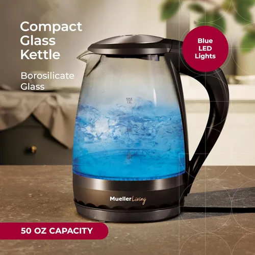 Vista 2 de Mueller Living Glass Kettle 1.5L 1500W LED Light Hervidor de té eléctrico de apagado automático con tecnología SpeedBoil y protección contra hervir