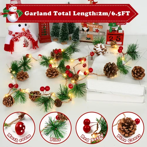 Vista 2 de Decoración de Navidad, guirnalda de Navidad con luces, 6.5 pies, 20 luces LED, guirnalda de Navidad con bayas rojas ahumadas, piñas, conos de pino