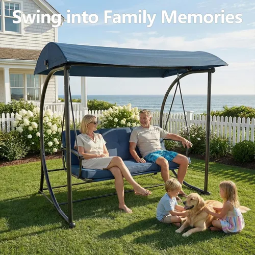 Vista 4 de Columpio de porche con toldo, columpios al aire libre con soporte, cama de columpio de patio con cojines, banco de columpio para 3 personas