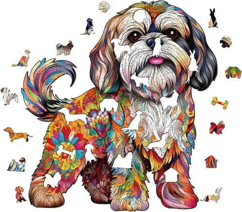 Vista 2 de Rompecabezas de madera para adulto, tamaño L, 260 piezas, hermoso rompecabezas con forma de perro Shih Tzu para adultos, rompecabezas de madera