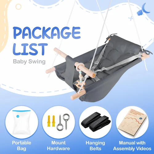 Vista 4 de Columpio para bebé interior y exterior, hamaca de lona para bebé a niño pequeño con asiento cómodo, juguete de madera Macaroon, arnés ajustable de 5