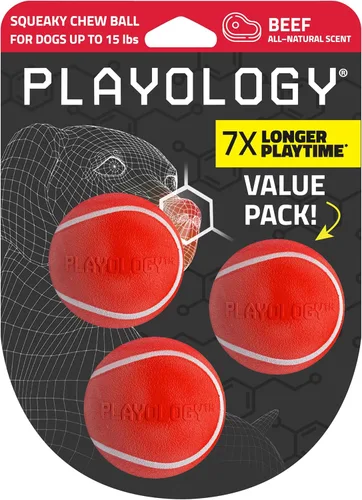 Vista 27 de Juguetes Playology para perros Bola chirriante para masticar - Bola de búsqueda flotante duradera y elástica para perros Juguete mediano