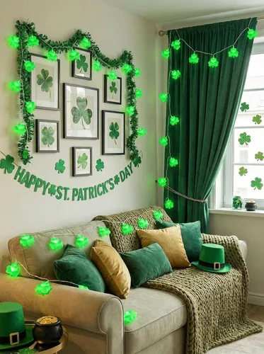 Vista 2 de Guirnalda de luces de trébol, 8.5 pies para decoración del día de San Patricio con 10 luces de trébol verde, luces de hadas de trébol conectables