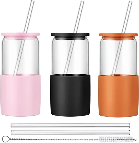 Sunseeke Vaso de Vidrio con Pajita y Tapa, Taza de Café Helado de 16oz, Manga de Silicona, Cepillos de Limpieza, Vasos para Beber para Agua, Café