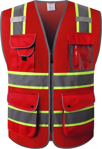 Vista 13 de JKSafety Chaleco de seguridad frontal con cremallera de alta visibilidad Clase 2 de 9 bolsillos con tiras reflectantes, cumple con las normas
