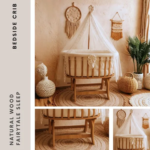 Vista 4 de Moisés de madera para bebé con dosel, cuna de haya natural con función de balanceo y bloqueo, incluye juego de ropa de cama 100% algodón, colchón