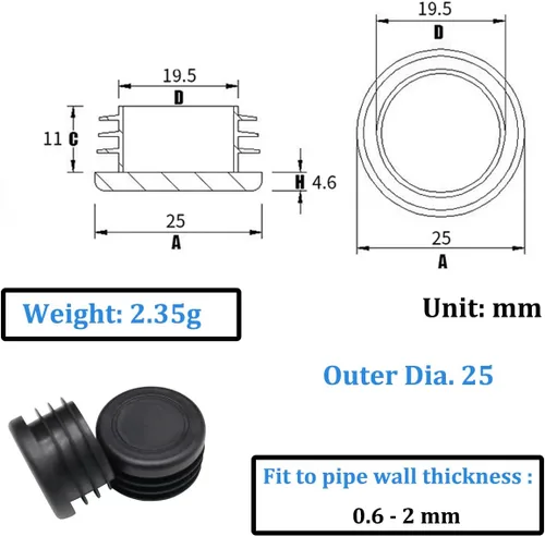 Vista 2 de Tapones redondos de tubería de diámetro 1 (0.984 in), tapas de extremo de poste de tubos de plástico, duraderas para silla, mesa, taburete, patas