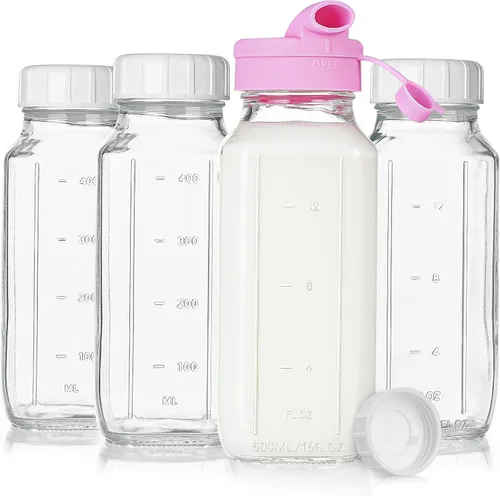 Sovietiep Paquete de 4 Botellas de Leche de Vidrio Cuadradas de 16 Oz con Tapa Dispensadora de Silicona, Botellas de Jugo de Vidrio con Tapa