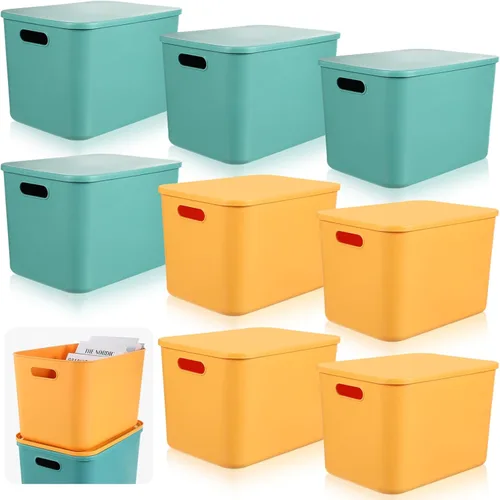 Vista 19 de Hoolerry 8 contenedores de almacenamiento coloridos con tapa, cesta de almacenamiento de plástico, contenedor organizador apilable con asa para Negro