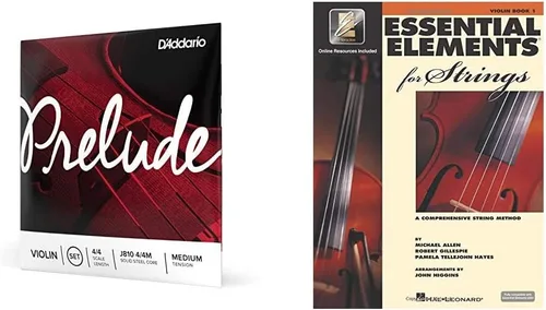 D’Addario Prelude Violin String Set, 4/4 Scale Medium Tension – Solid Steel Core, Warm Tone, Economical and Durable, 1 Set & Essential Elements for