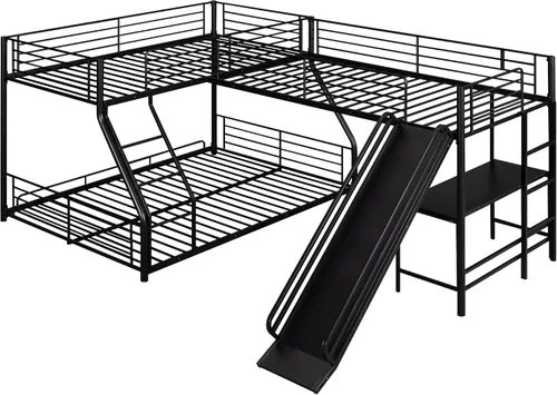 Vista 5 de Bellemave Literas triples, literas en forma de L de tamaño individual sobre cama matrimonial adjunta a una cama alta con escritorio, literas triples