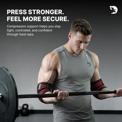 Vista 4 de DMoose Fitness Elbow Wraps for Weightlifting (Pair) - 40'' Adjustable Strap for Gym Workout & Bench Press, Compression Elbow Sleeves for Tendonitis
