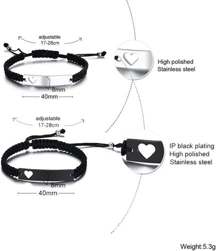 Vista 2 de XUANPAI Personalized Handmade Braided Bracelet with Hollow Heart Symbol Adjustable Rope Woven Bangle for Couple