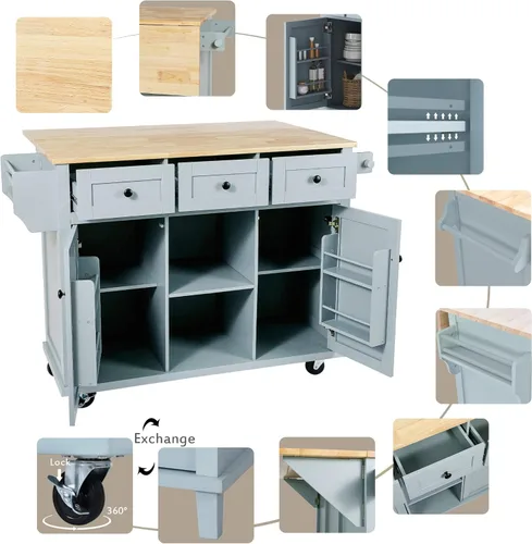 Vista 136 de LUMISOL Carrito de isla de cocina con ruedas de bloqueo con 2 cajones y 4 gabinetes, isla de cocina rodante con estantes ajustables, mesa de madera