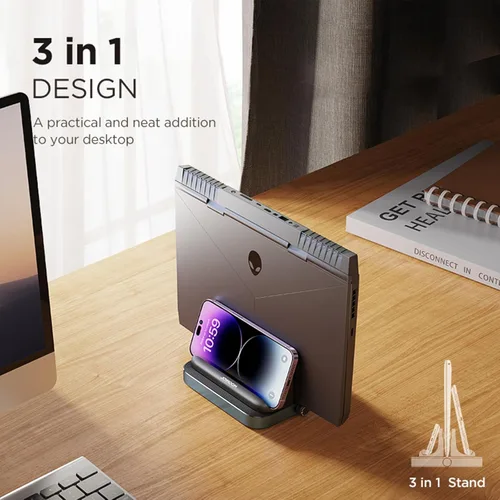 Vista 2 de Soporte vertical para laptop, 3 ranuras para ahorrar espacio, soporte de escritorio de aluminio con base ajustable compatible con MacBook Surface