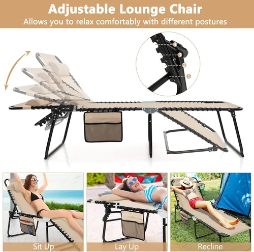Vista 4 de Giantex Sillas de patio para exteriores, silla de bronceado plegable con reposacabezas, 4 posiciones ajustables, bolsillo lateral, tumbona al aire