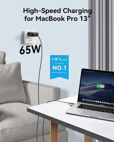 Vista 4 de MINLU GaN - Bloque de cargador USB C de 65 W, cargador de pared compacto de 3 puertos tipo C con cable USB-C/L 2 en 1 de 6 pies, 100 W, carga rápida