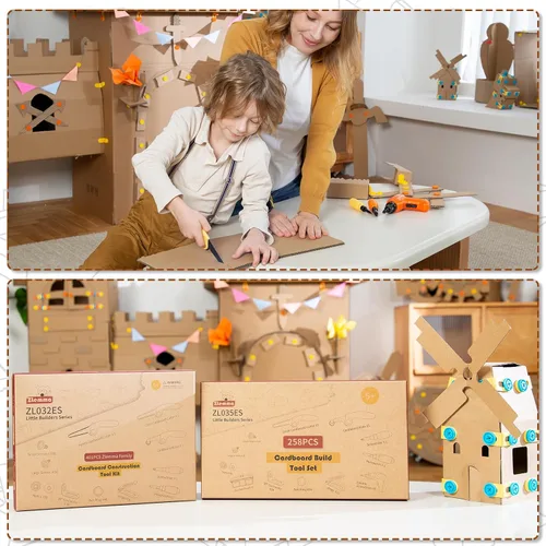 Vista 8 de Juego de herramientas de construcción de cartón para niños con taladro eléctrico y cinturón de herramientas, 258 piezas, kit de construcción STEM
