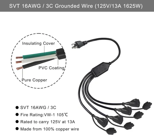 Vista 2 de KUNCAN Cable divisor de alimentación de 4 tomas, adaptador de enchufe múltiple de 3 clavijas de 1 a 4 vías, macho a hembra, cable de extensión